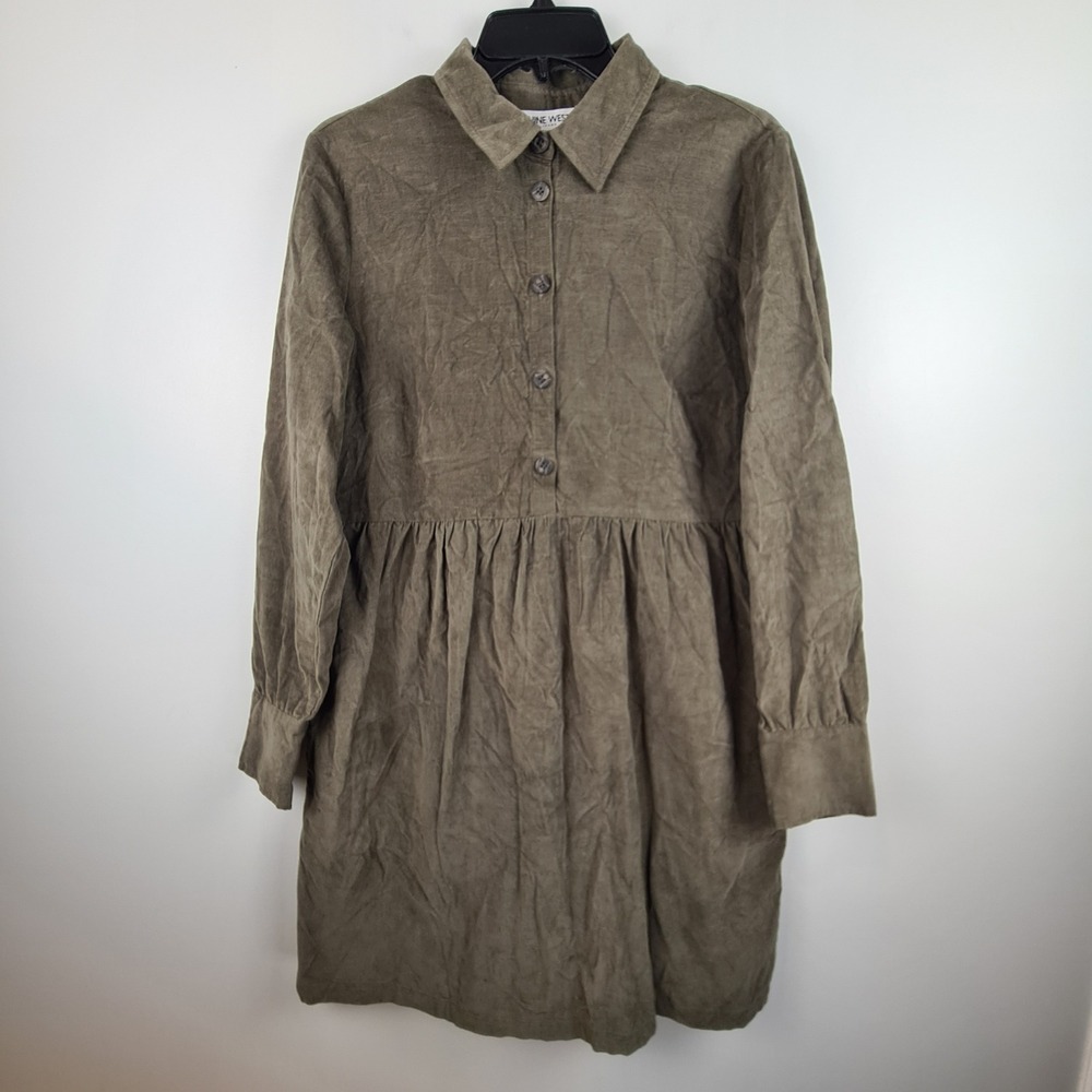 Nine West Jeans Grape Leaf Green Corduroy Button Up Mini Shirt Dress Small NEW